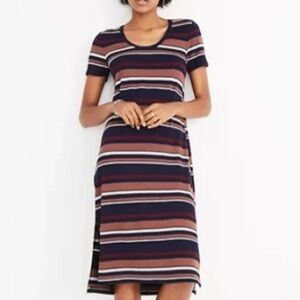 MADEWELL Striped U Neck Tee Dress Brown Maroon Slit Sides Womens XS